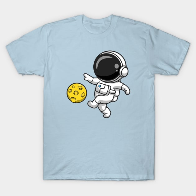 Cute Astronaut Playing Soccer Moon Cartoon T-Shirt by Catalyst Labs